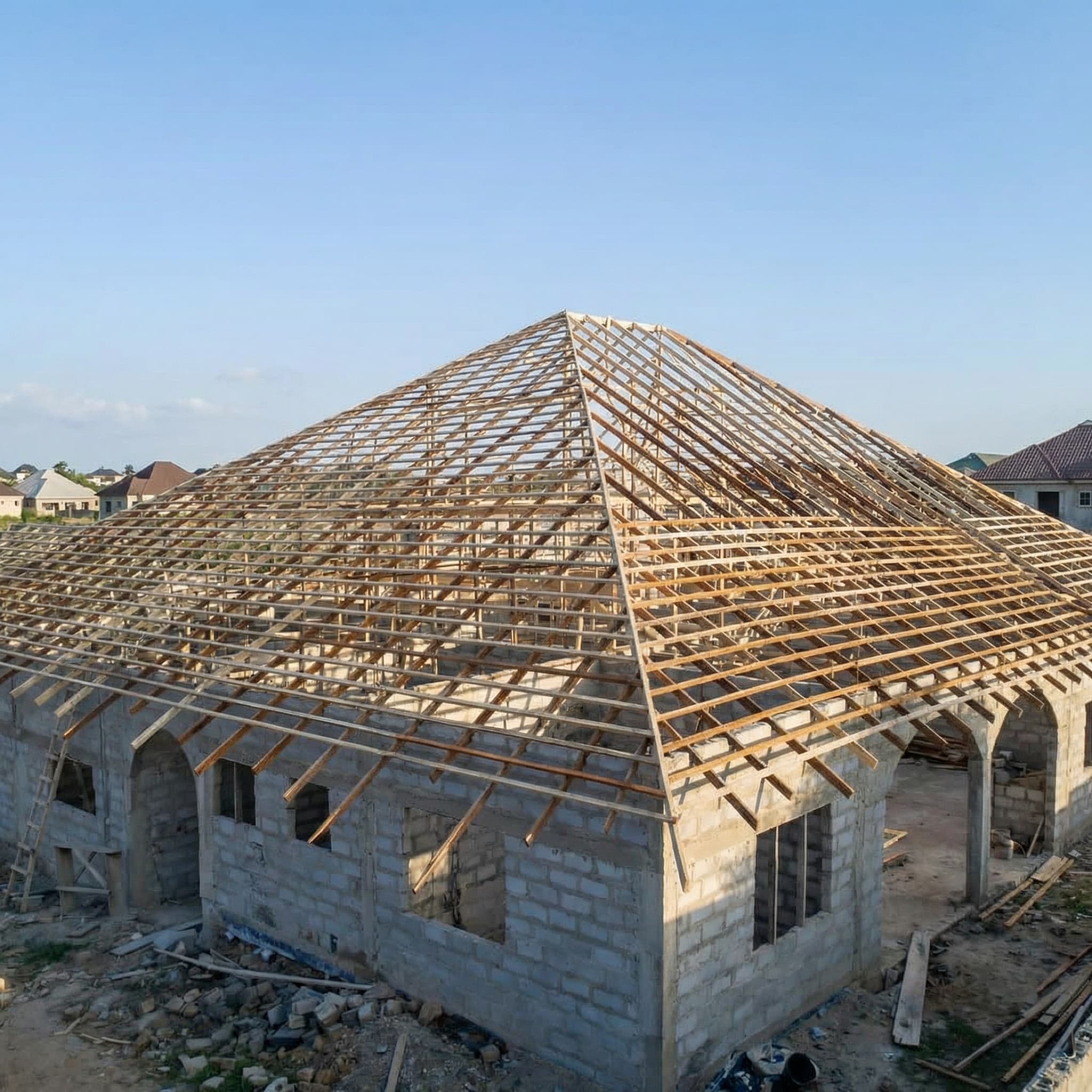 Wood truss frame construction by Kinkok Roofing — on-site installation in Ghana